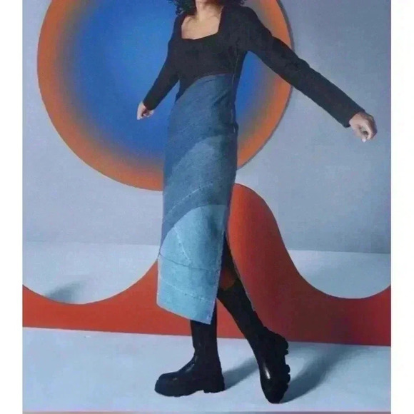 GANNI X Ahluwalia Denim Square Neck Midi Denim Wavy Dress Size 34 2 - Picture 2 of 15